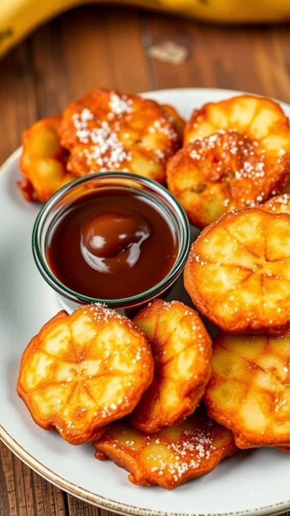 Crispy Banana Fritters Recipe Crispy banana fritters served with powdered sugar and chocolate sauce on a rustic table.